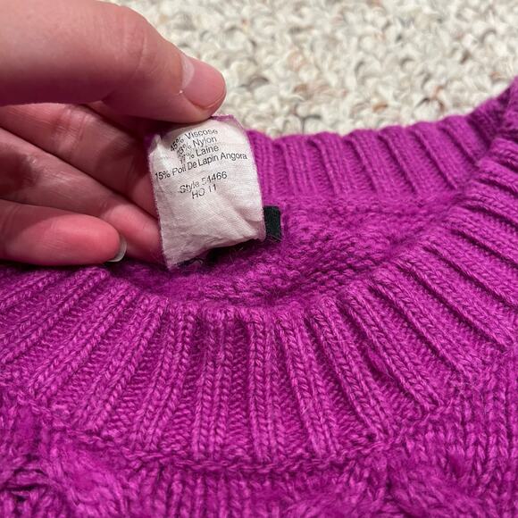 J Crew Honey Comb Cable Knit Sweater Sz M Purple Wool Blend Preppy Shrunken - Picture 2 of 8